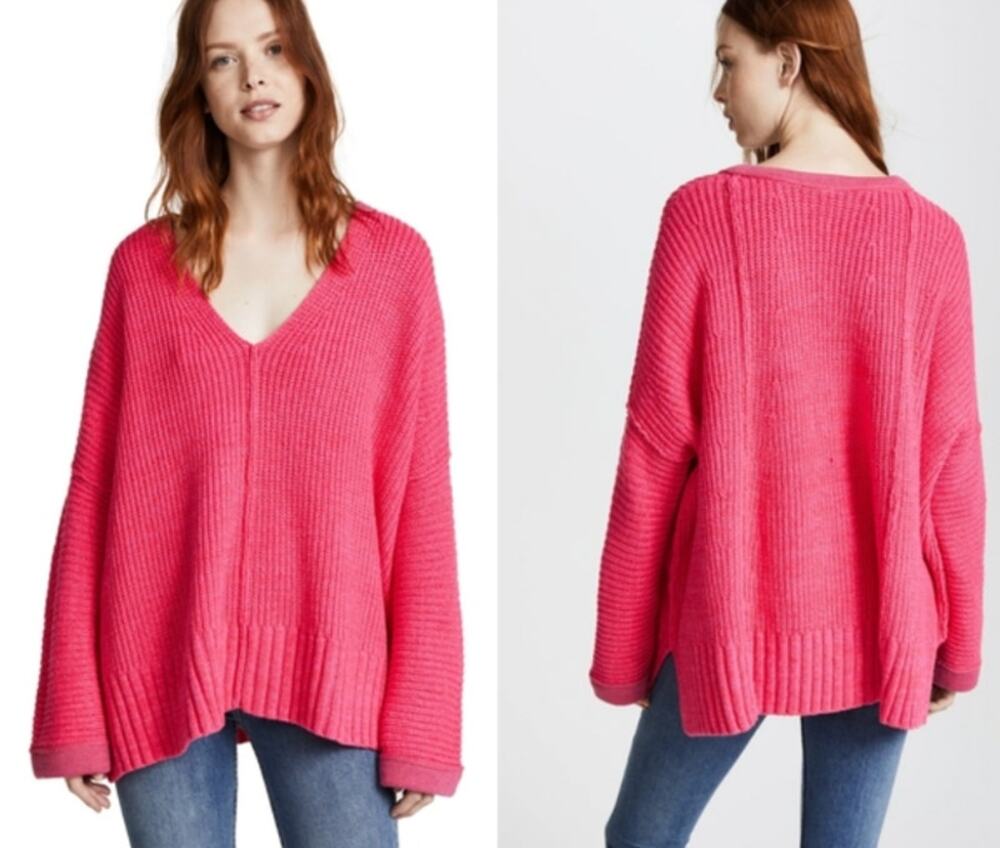 Free People Take Me Over V-Neck Chunky Knit Oversized Pink Sweater Size XS/S
